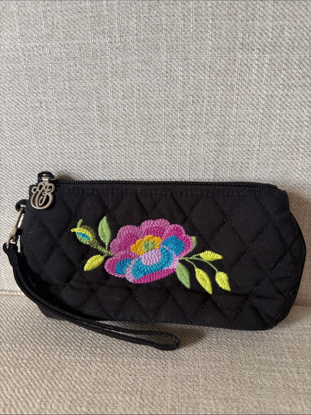Vera Bradley Quilted Black Wristlet with Embroidered Floral Accent